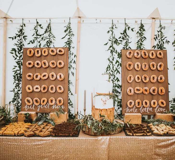 Donut Wall For Wedding // Woodland Luxe Wedding With Personalised Wooden Place Mats For Guests Marquee Wedding At Home With Images From Darina Stoda Photography