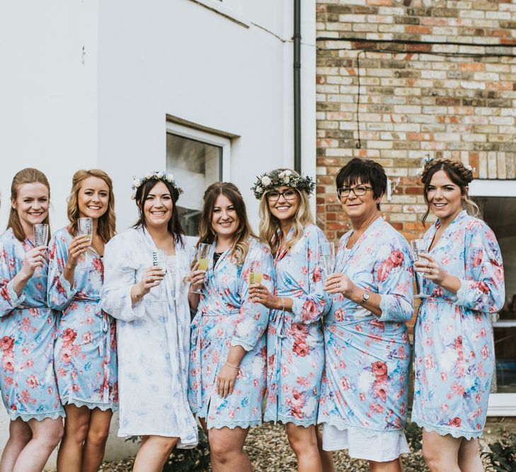 Bride &amp; Bridesmaids In Floral Robes // Woodland Luxe Wedding With Personalised Wooden Place Mats For Guests Marquee Wedding At Home With Images From Darina Stoda Photography