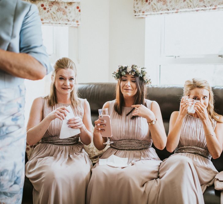 Bridesmaids In Pale Grey Dresses // Woodland Luxe Wedding With Personalised Wooden Place Mats For Guests Marquee Wedding At Home With Images From Darina Stoda Photography