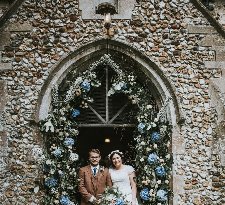 Floral Arch With Hydrangeas // Woodland Luxe Wedding With Personalised Wooden Place Mats For Guests Marquee Wedding At Home With Images From Darina Stoda Photography