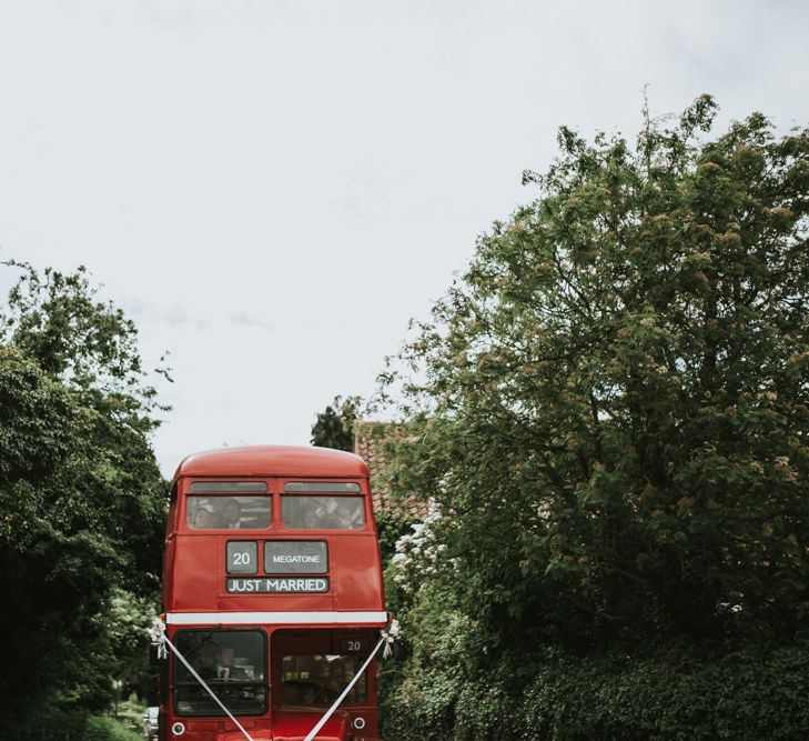 Vintage Routemaster Bus For Wedding // Woodland Luxe Wedding With Personalised Wooden Place Mats For Guests Marquee Wedding At Home With Images From Darina Stoda Photography