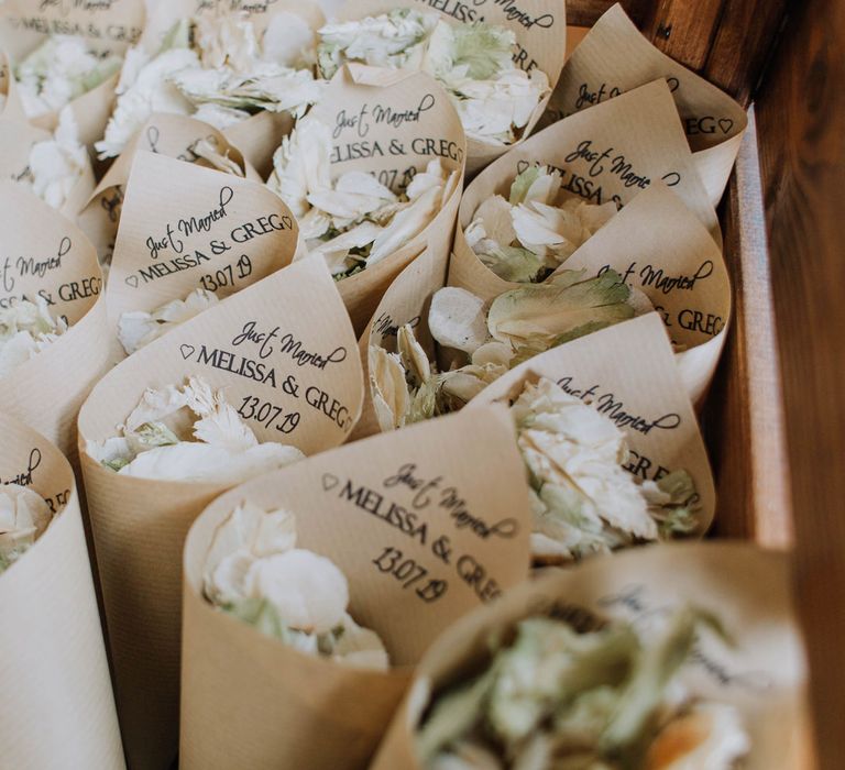 Box of personalised confetti cones for Brickhouse Vineyard wedding