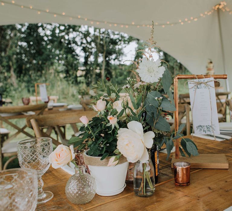 Flower pot centrepieces and copper frame menu card holder