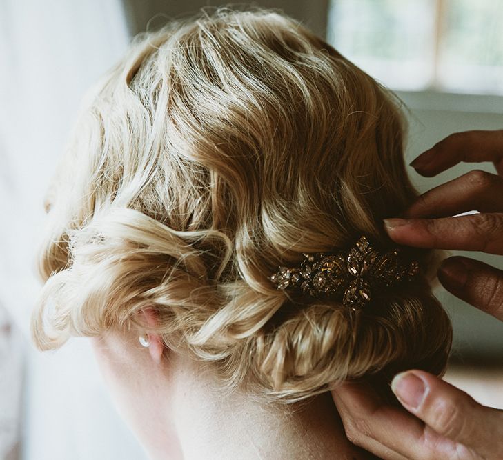 1920s Inspired Bridal Hairstyle with Finger Waves and Jewel Comb