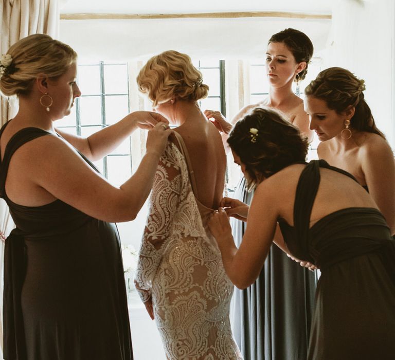 Bride Getting Ready in Vintage Style Tara Lauren Harlow Wedding Dress