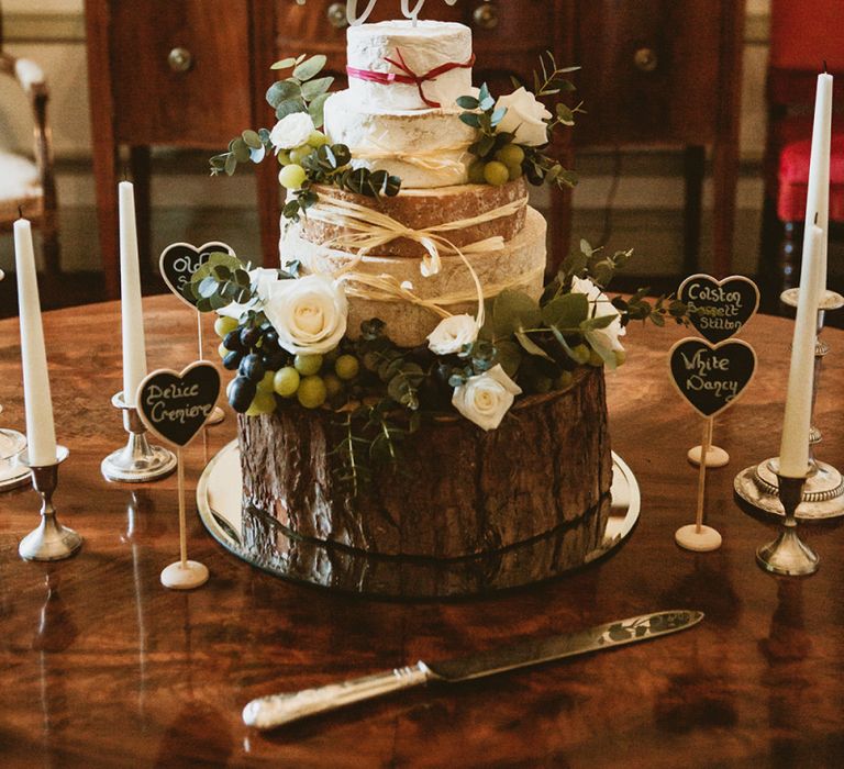 Cheese Tower Wedding Cake on Tree Stump Cake Stand