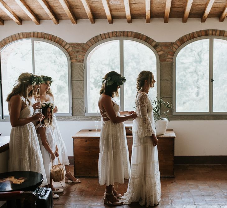 Wedding Morning Bridal Preparations | Bride in Spell &amp; the Gypsy Collective Bell Sleeve Wedding Dress | Outdoor Bohemian Destination Wedding at La Selva, Tuscany | Damien Milan Photography