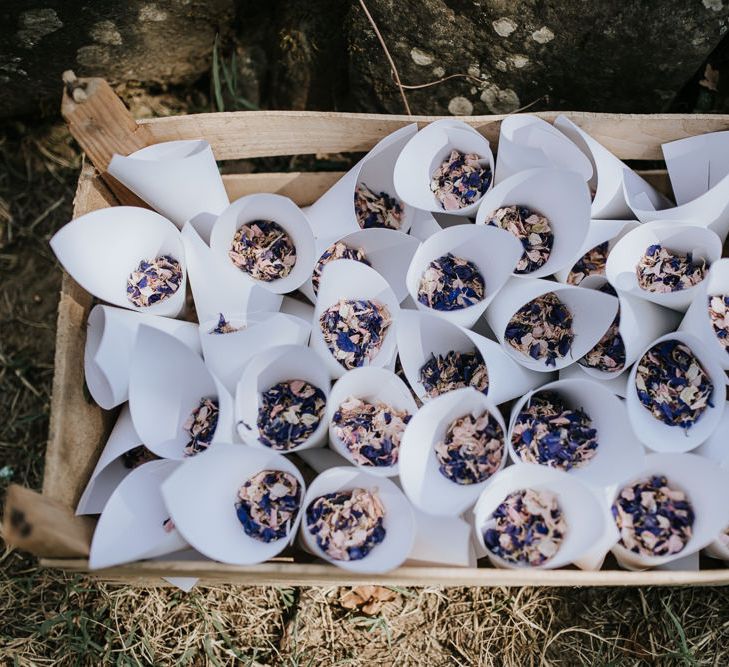 Confetti Cones in Rustic Crate |  | Outdoor Bohemian Destination Wedding at La Selva, Tuscany | Damien Milan Photography