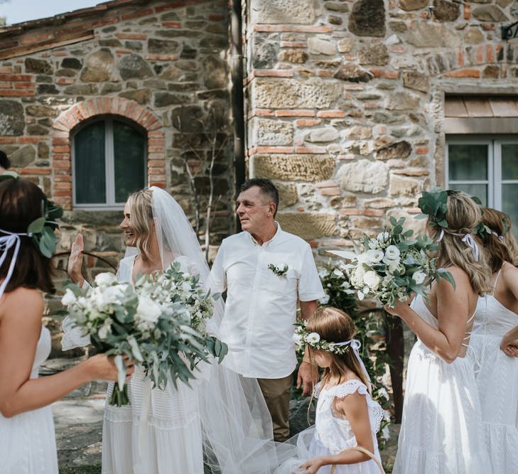 Bridal Party | Bridesmaids in White Dresses | Bride in Spell &amp; The Gypsy  Collective Bell Sleeve Boho Wedding Dress |  | Outdoor Bohemian Destination Wedding at La Selva, Tuscany | Damien Milan Photography