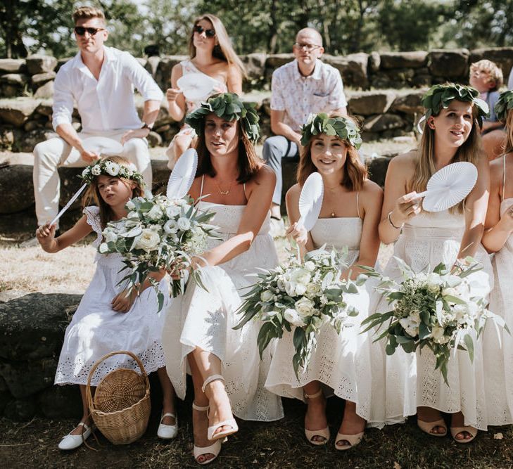 Wedding Ceremony | Bridal Party in White Dresses &amp; Green Flower Crowns | Outdoor Bohemian Destination Wedding at La Selva, Tuscany | Damien Milan Photography