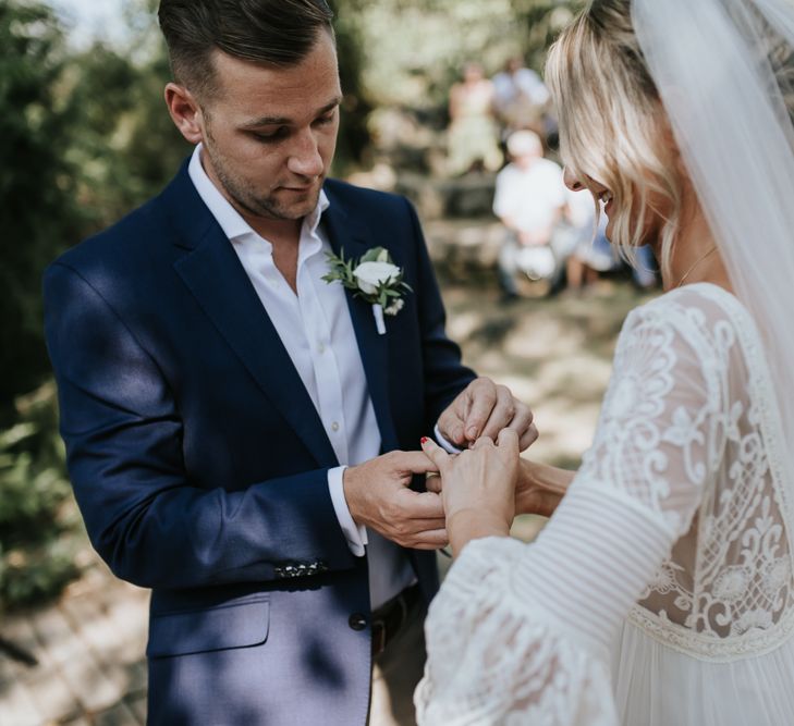 Wedding Ceremony | Bride in Spell &amp; the Gypsy Collective Bell Sleeve Wedding Dress | Groom in Chino's &amp; Blazer | Outdoor Bohemian Destination Wedding at La Selva, Tuscany | Damien Milan Photography