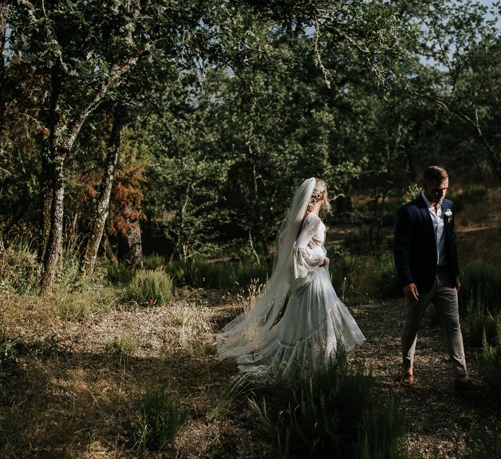 Bride in Spell &amp; the Gypsy Collective Bell Sleeve Wedding Dress | Groom in Chino's &amp; Blazer | Outdoor Bohemian Destination Wedding at La Selva, Tuscany | Damien Milan Photography