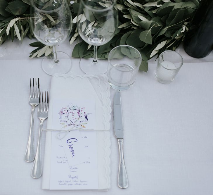 Elegant Place Setting | Festoon Lit Outdoor Reception | Bohemian Destination Wedding at La Selva, Tuscany | Damien Milan Photography