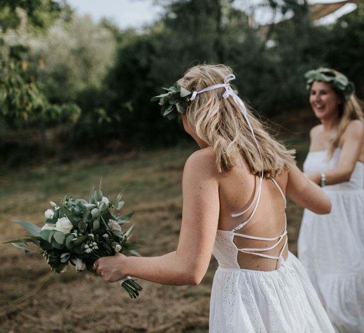 Bridesmaids in White Tie Back Dresses | Outdoor Bohemian Destination Wedding at La Selva, Tuscany | Damien Milan Photography