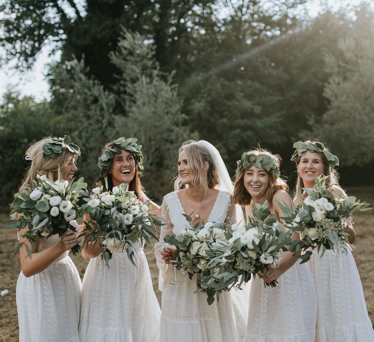 Bridal Party | Bride in Spell &amp; the Gypsy Collective Bell Sleeve Wedding Dress | Bridesmaids in White Dresses | Outdoor Bohemian Destination Wedding at La Selva, Tuscany | Damien Milan Photography