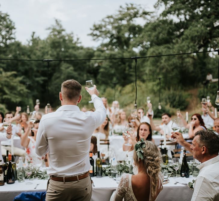 Wedding Reception Speeches | Groom in Chino's &amp; Blazer | Outdoor Bohemian Destination Wedding at La Selva, Tuscany | Damien Milan Photography