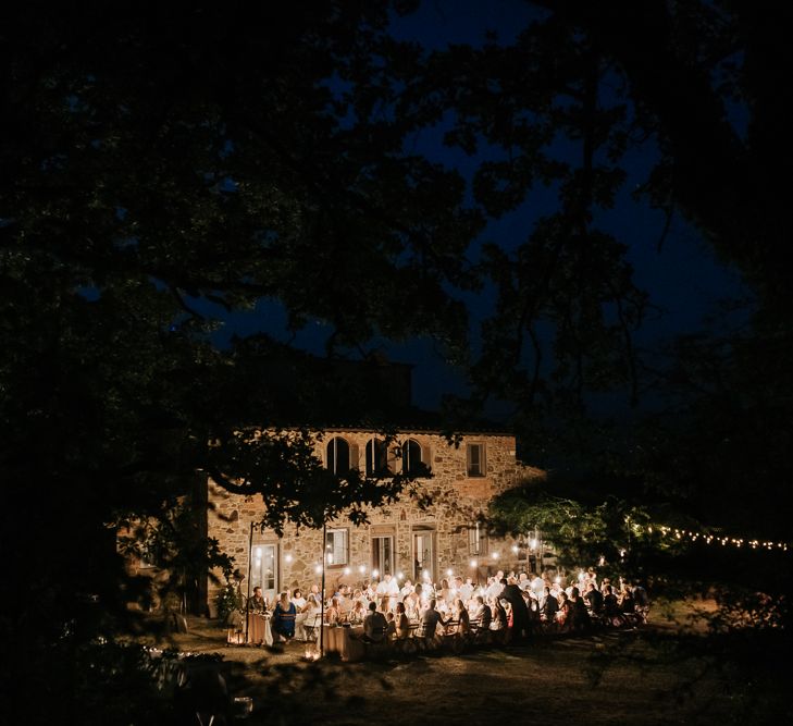 Festoon Lit Outdoor Reception | Bohemian Destination Wedding at La Selva, Tuscany | Damien Milan Photography