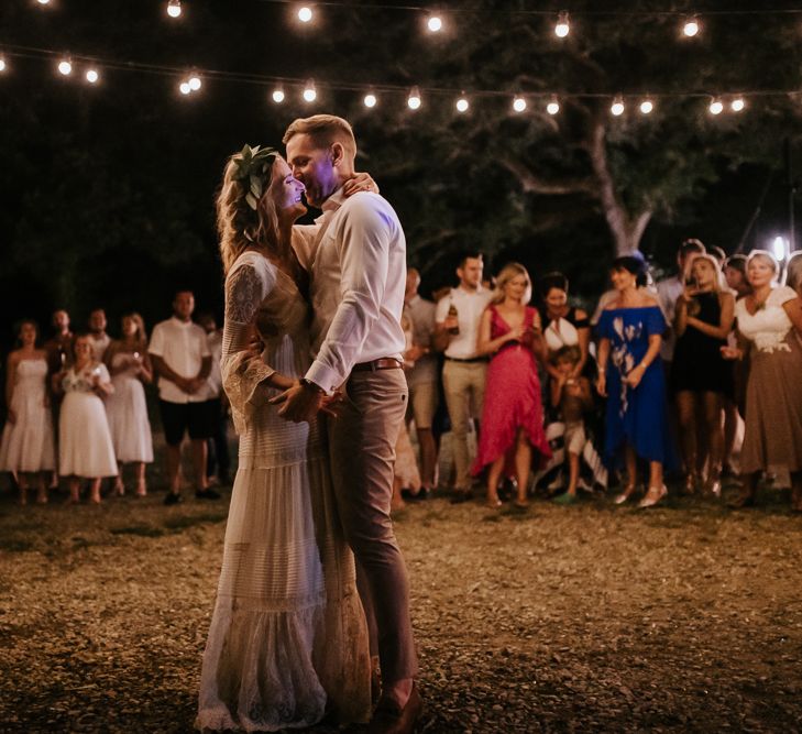 First Dance | Bride in Spell &amp; the Gypsy Collective Bell Sleeve Wedding Dress | Groom in Chino's &amp; Blazer | Outdoor Bohemian Destination Wedding at La Selva, Tuscany | Damien Milan Photography