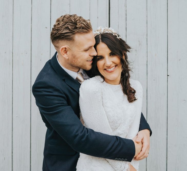 Bride wears bridal crown for wedding reception