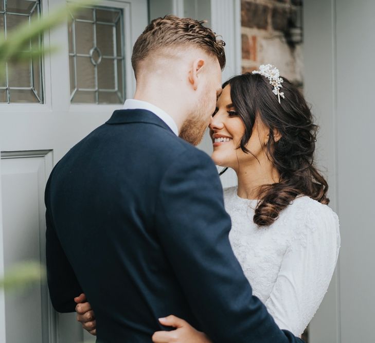 Bride wears bridal crown for wedding reception