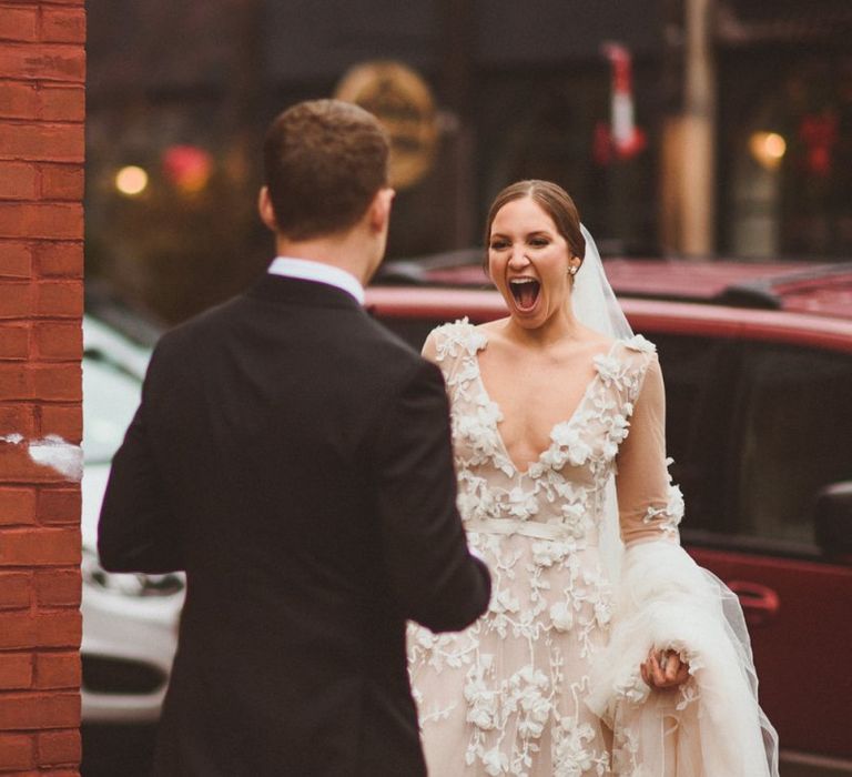 Bride and groom at first look