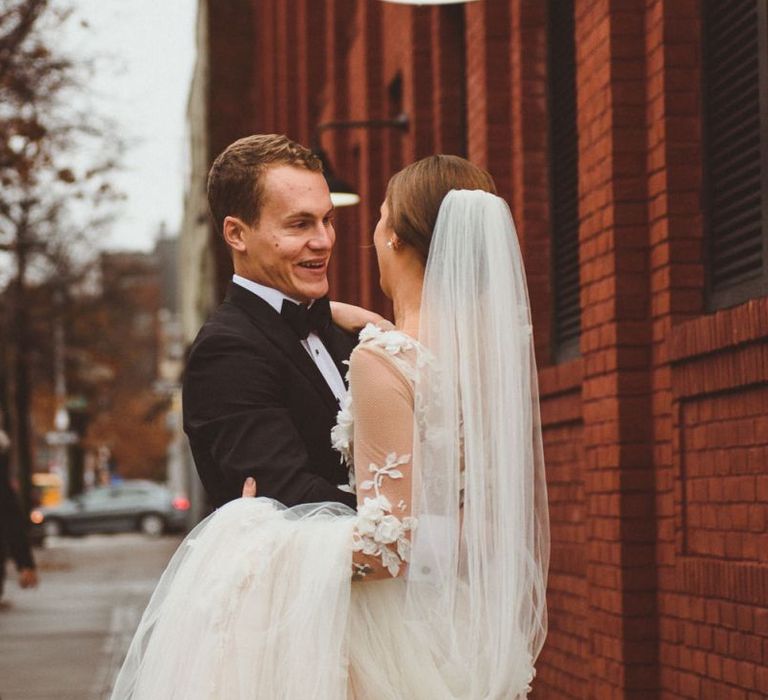 Bride and groom during first look