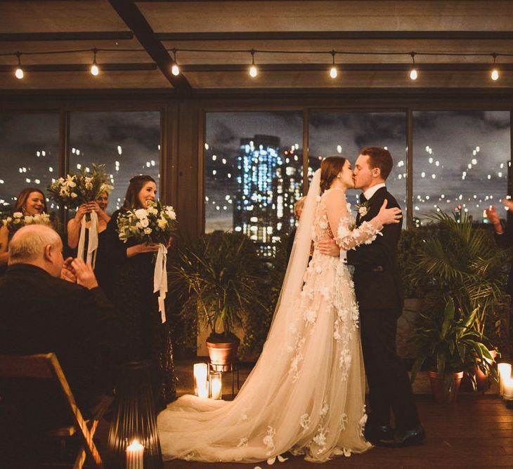 Bride and groom at industrial wedding