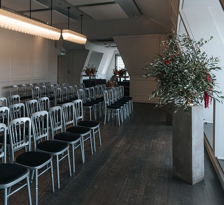 Wedding Ceremony at The Swan at The Globe | Giant Urns of Red Flowers and Foliage on Grey Plinths | Meringue Kisses &amp; Colourful Wedding Flowers &amp; Stationery for a London Wedding at The Globe | Miss Gen