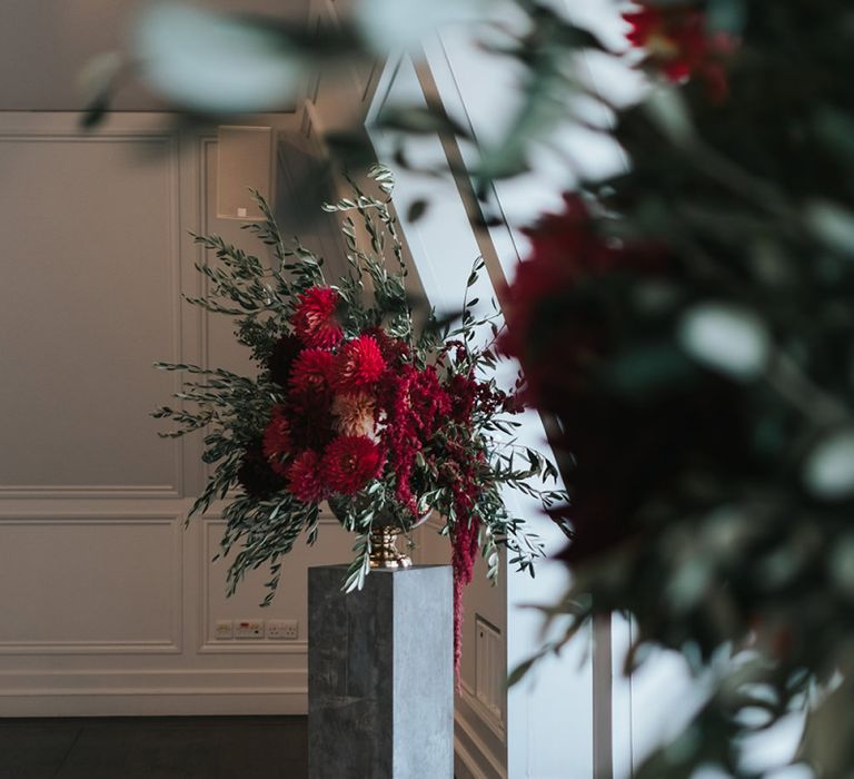 Giant Urn of Red Flowers and Foliage on Grey Plinth | Meringue Kisses &amp; Colourful Wedding Flowers &amp; Stationery for a London Wedding at The Globe | Miss Gen