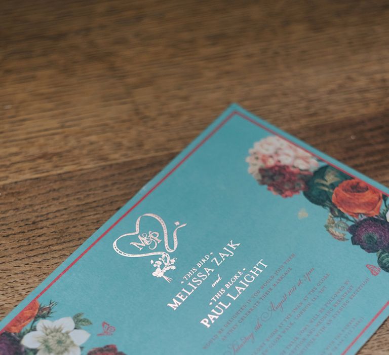 Duck Egg Blue Wedding Invitation with Silver Foil | Meringue Kisses &amp; Colourful Wedding Flowers &amp; Stationery for a London Wedding at The Globe | Miss Gen