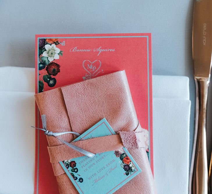 Copper Cutlery | Leather Book Wedding Favour | Personalised Pink Wedding Breakfast Menu | Duck Egg Blue Thank You Tag | Meringue Kisses &amp; Colourful Wedding Flowers &amp; Stationery for a London Wedding at The Globe | Miss Gen