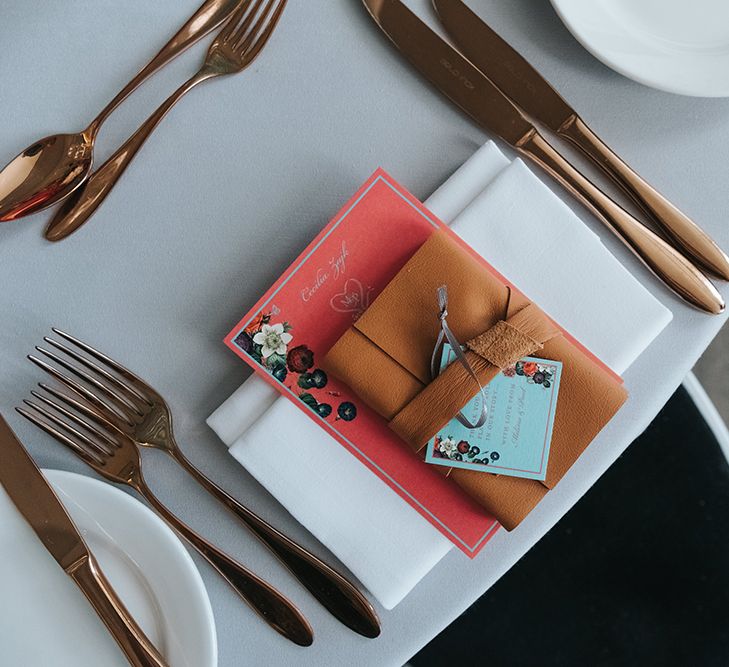 Copper Cutlery | Leather Book Wedding Favour | Personalised Pink Wedding Breakfast Menu | Duck Egg Blue Thank You Tag | Meringue Kisses &amp; Colourful Wedding Flowers &amp; Stationery for a London Wedding at The Globe | Miss Gen