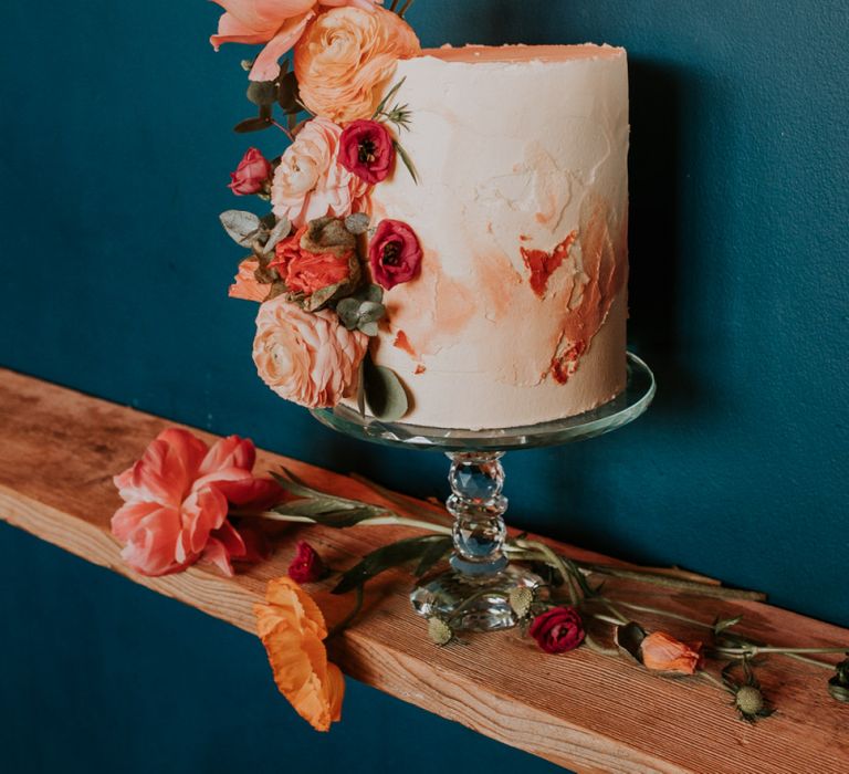 Tall Single Tier Ombre Wedding Cake Decorated with Coral Flowers