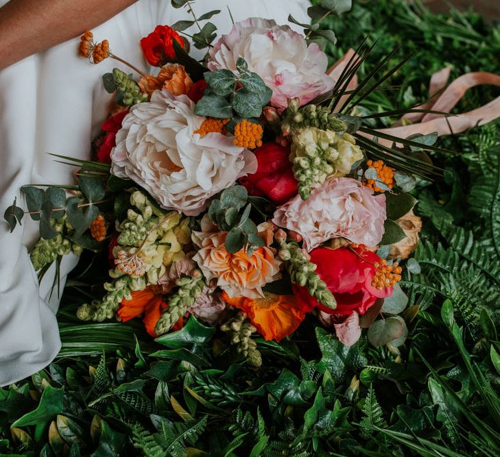 Bright Peony, Dahlia and Rose Wedding Bouquet Tied with Ribbon