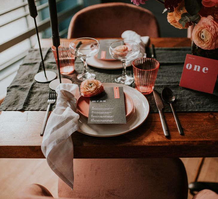 Retro Table Scape with Coral Wedding Flowers, Statement On The Day Wedding Stationery and Elegant Place Setting