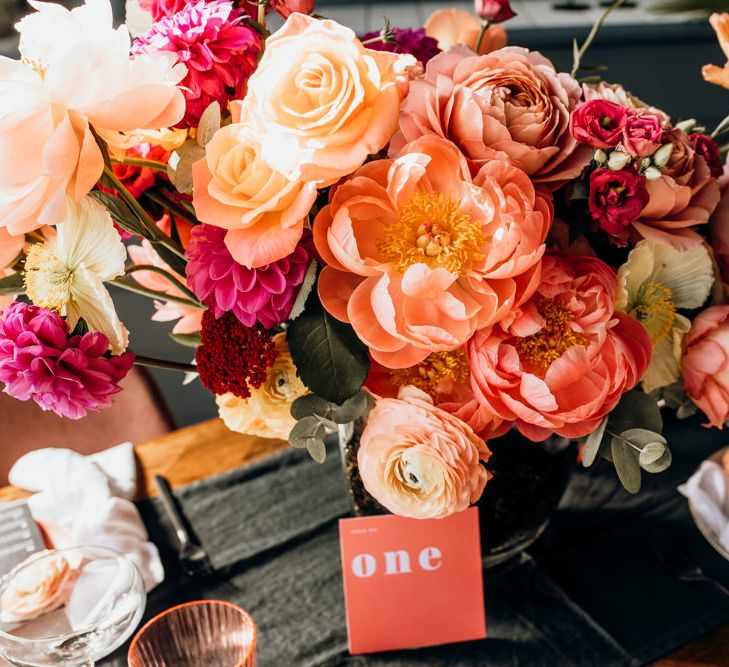 Living Coral Wedding Floral Arrangement with Peonies, Roses, Dahlias and Ranunculus