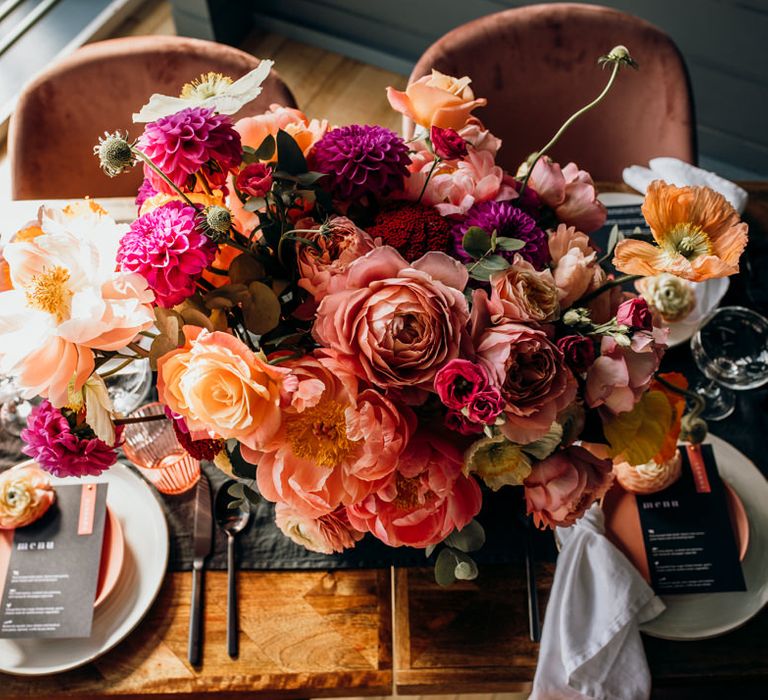 Living Coral, Pink and Fuchsia Wedding Flower Centrepiece