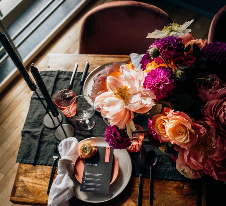 Retro Place Setting with Black, White and Living Coral Table Decor, Flowers and Stationery