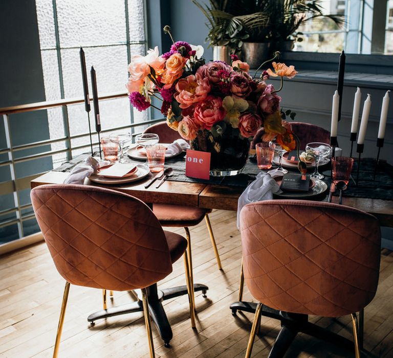 Retro Table Decor with Black, White and Living Coral Table Decor, Flowers and Stationery