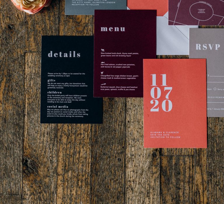 Black, White, Grey, Living Coral and Burgundy Statement Wedding Stationery Suite