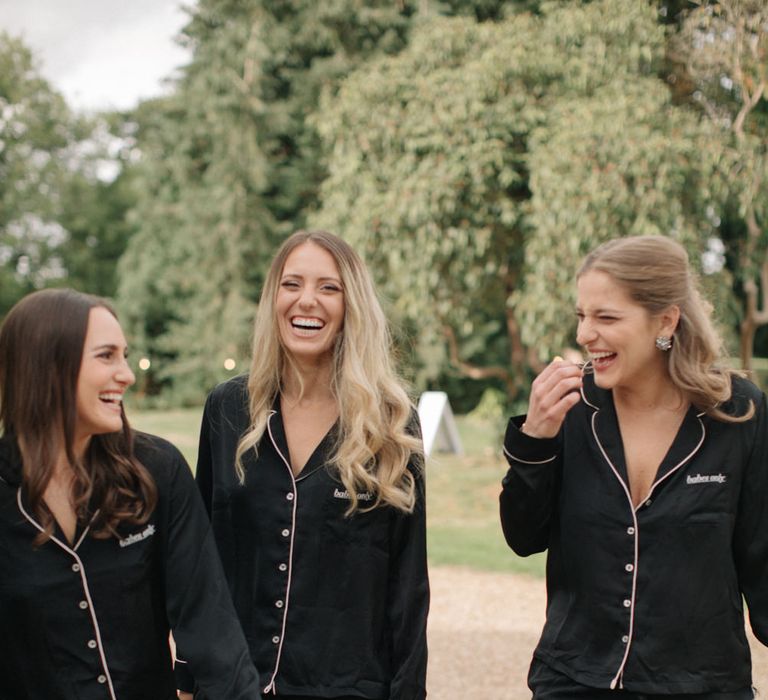 Bridesmaids in Matching Black Pyjamas | Contemporary Elegance Wedding in the Countryside  | M &amp; J Photography | Film by Jacob and Pauline