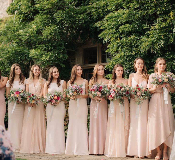 Bridesmaids in Peach Revolve Dresses | Contemporary Elegance Wedding in the Countryside  | M &amp; J Photography | Film by Jacob and Pauline