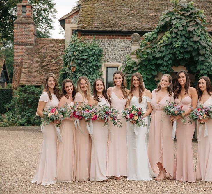 Bridal Party | Bride in Pronovias Wedding Dress | Bridesmaids in Peach Revolve Dresses | Contemporary Elegance Wedding in the Countryside  | M &amp; J Photography | Film by Jacob and Pauline