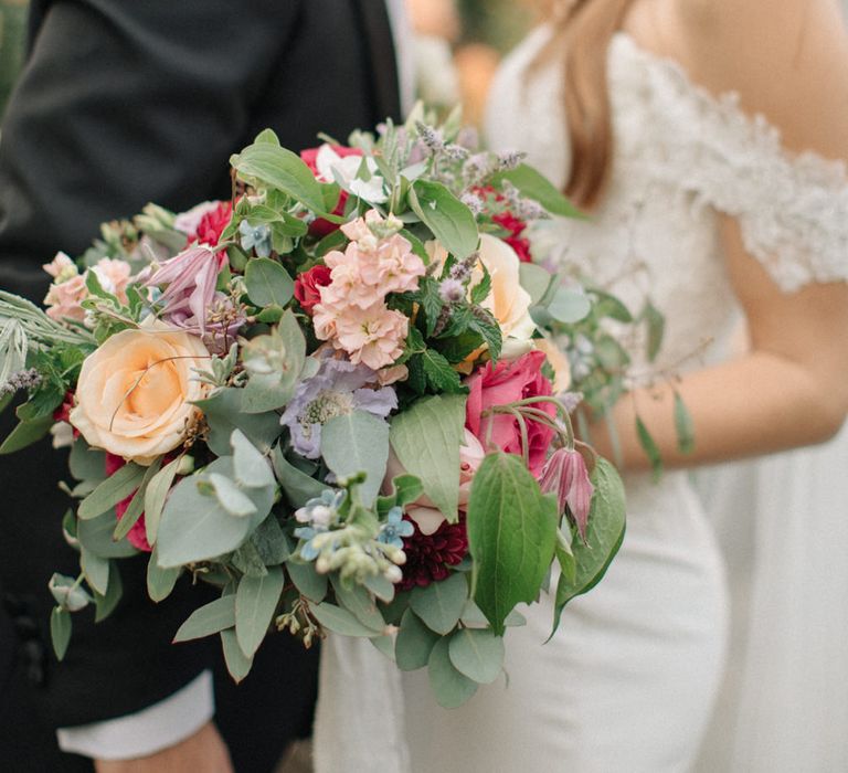 Romantic Pastel Bouquet | Bride in Lace Custom Made Pronovias Wedding Dress | Groom in Black Tie | Contemporary Elegance Wedding in the Countryside  | M &amp; J Photography | Film by Jacob and Pauline