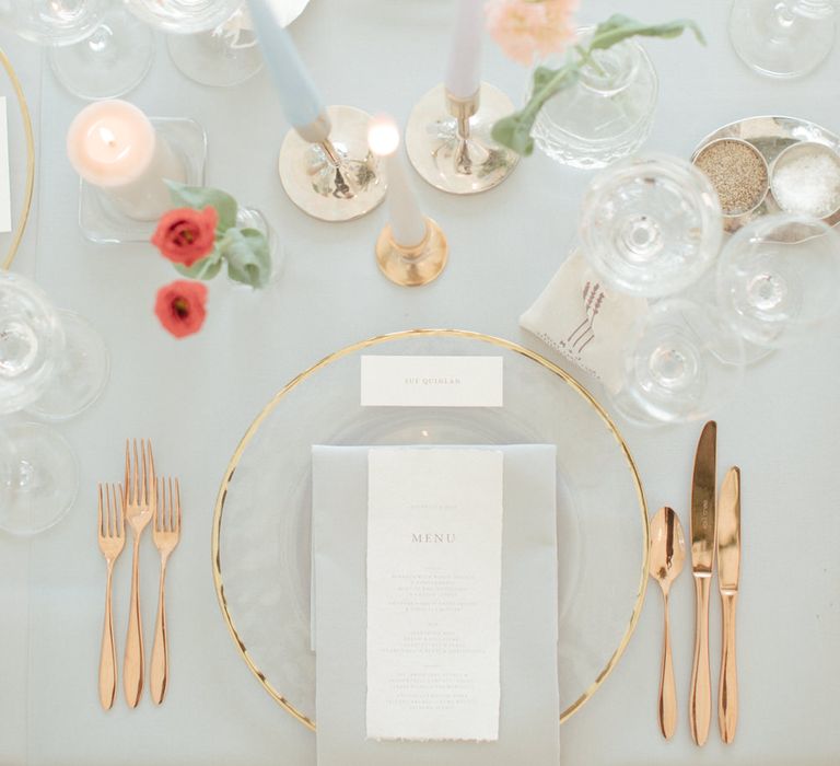 Gold Tableware | Contemporary Elegance Wedding in the Countryside  | M &amp; J Photography | Film by Jacob and Pauline