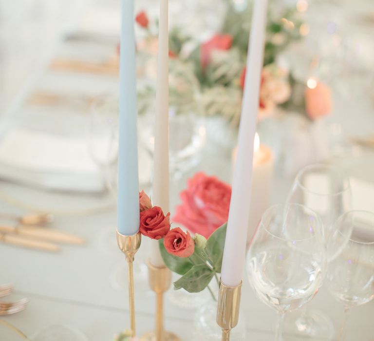 Coloured Taper Candles | WILLOWGOLD Floral Design | Marquee Reception | Contemporary Elegance Wedding in the Countryside  | M &amp; J Photography | Film by Jacob and Pauline