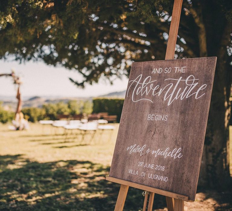 Outdoor wedding welcome sign at Villa di Ulignano