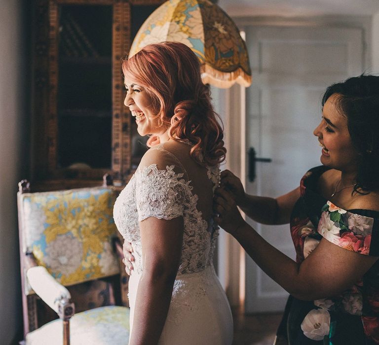 Bridal preparations in Watters wedding dress at Villa di Ulignano