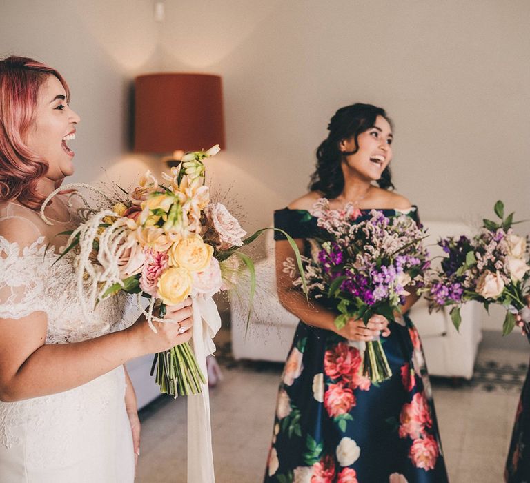 Bride and bridesmaids at Villa di Ulignano before wedding ceremony