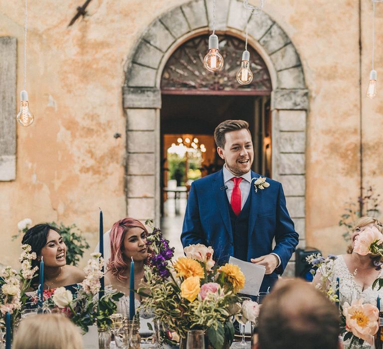 Groom wedding speech at destination outdoor wedding at Villa di Ulignano